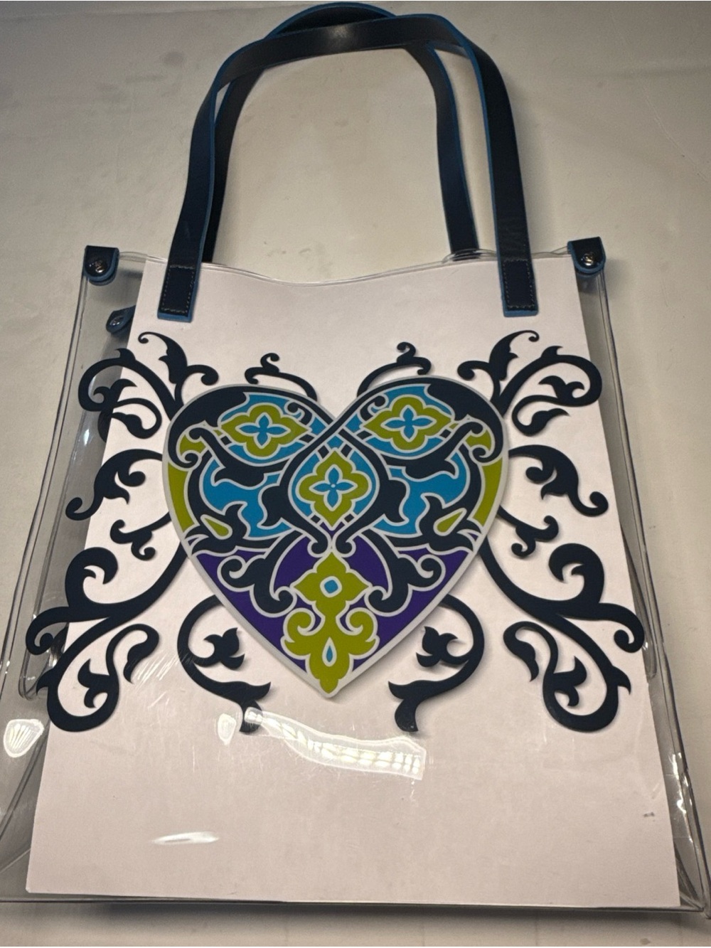 Brighton Clear Tote with Multicolor Heart Motif and Navy Handles